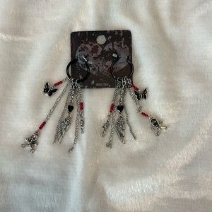 Hot Topic Skull wing red beaded chains earrings